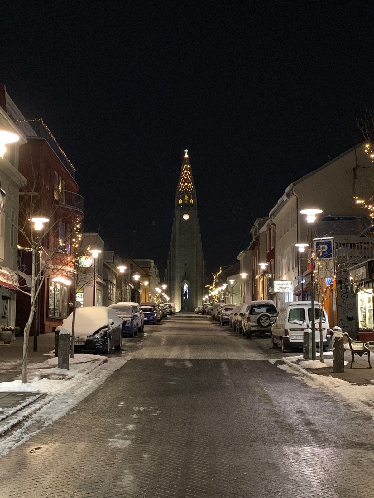 アイスランドのレイキャビクの朝7時です。雪です。日の出は10時過ぎなのでま...