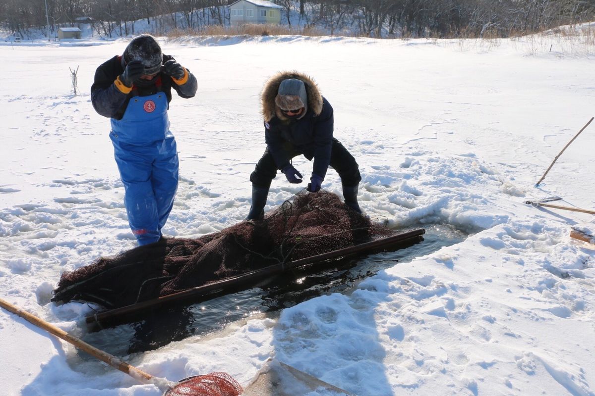 風蓮湖で氷下待網漁とスノーモービルを体験