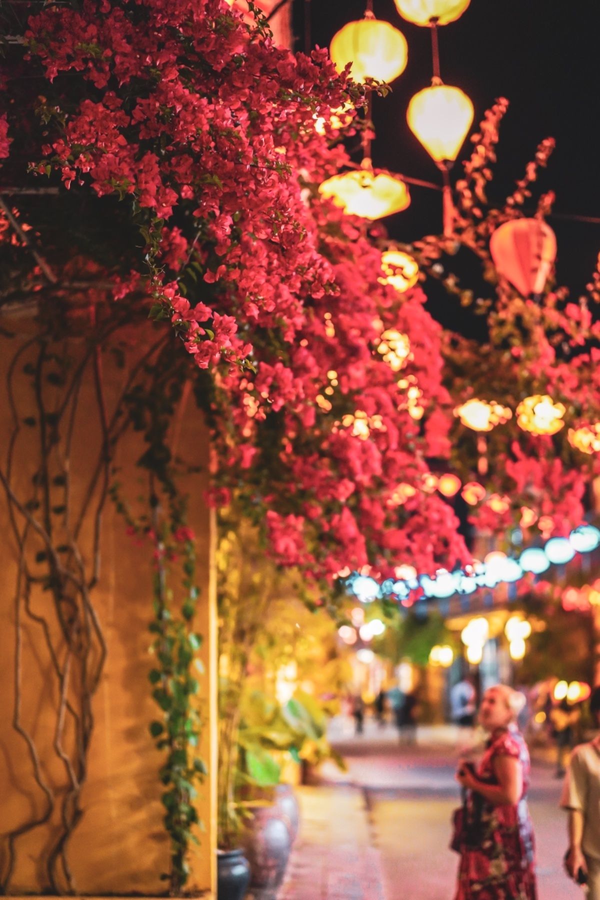 夜のホイアン。輝くランタン、黄色い壁、赤いバンラン。