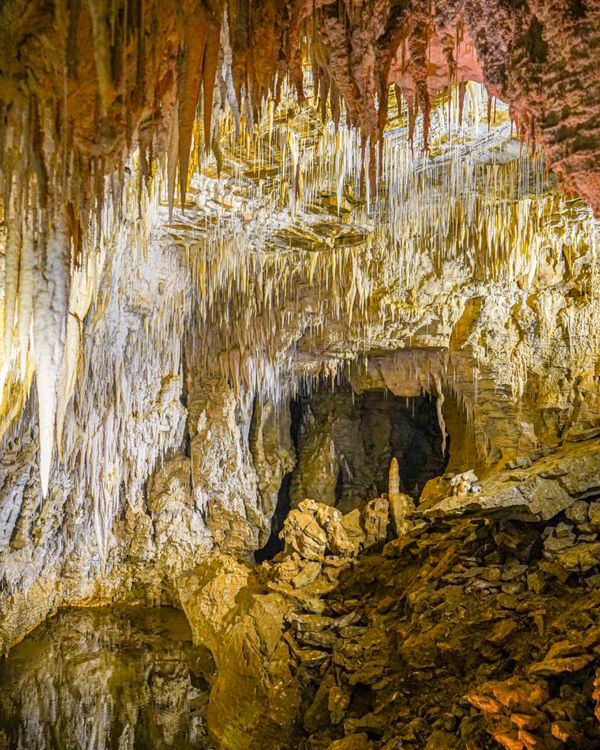 ニュージーランド・ワイトモ「ニュージーランド レンタカーで行き当たりばったりの旅」の写真：ルアクリ鍾乳洞の中に入る。

中には...