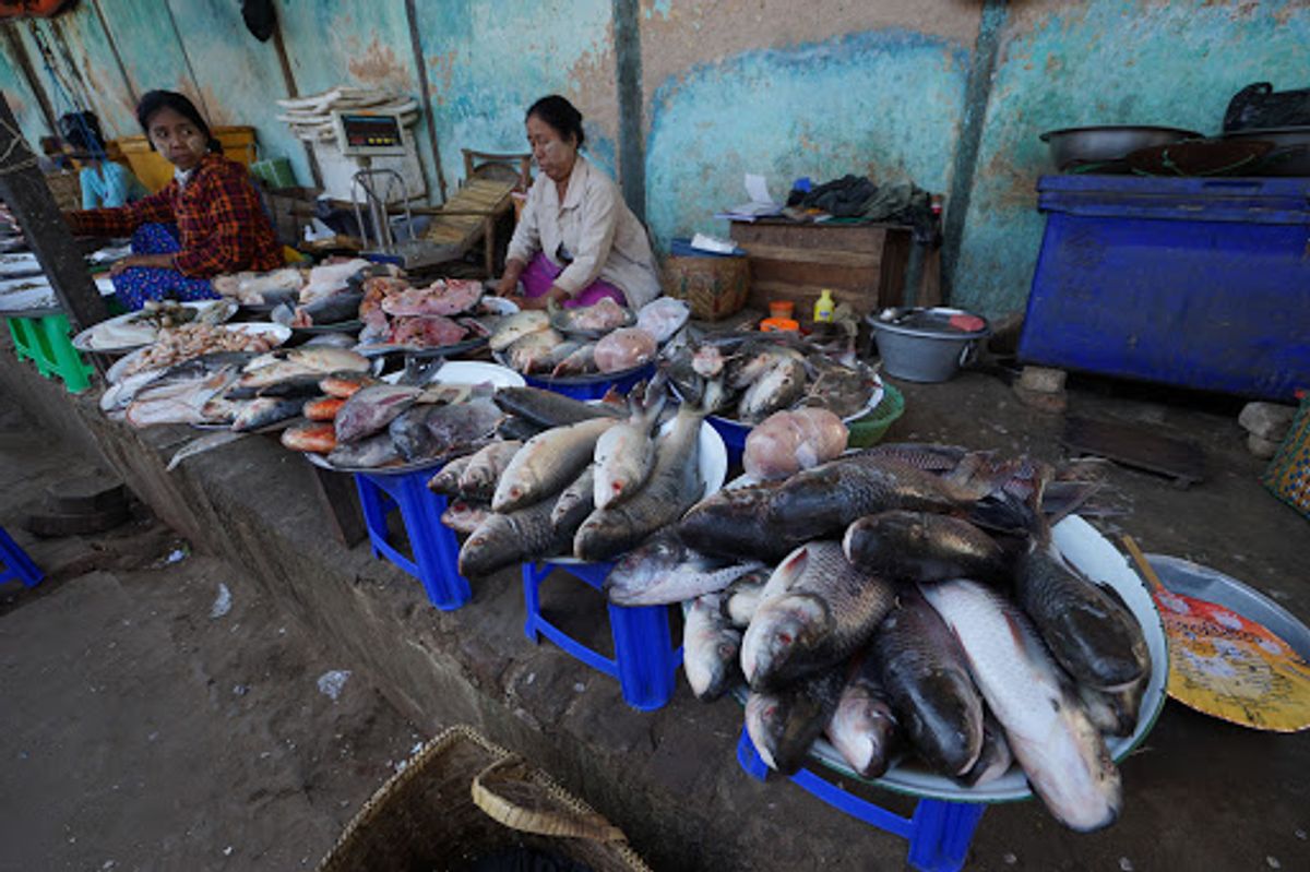 まずはローカル市場にやってきた。

果物、野菜、生肉、魚、日用品、仏像の首...
