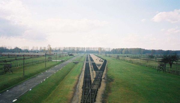 ポーランド・ワルシャワ「2002年 EU加盟前のポーランド　悲しきポーランドの歴史とアウシュビッツ強制収容所」の写真：ビルケナウ強制収容所監視塔より引込み線を見る。