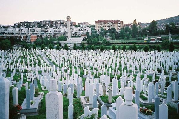 ボスニア・ヘルツェゴビナ・サライェボ「2006年 ボスニア・ヘルツェゴビナ 激戦の爪痕残るサラエヴォ」の写真:紛争犠牲者の墓地不足のため、街なかに急遽...