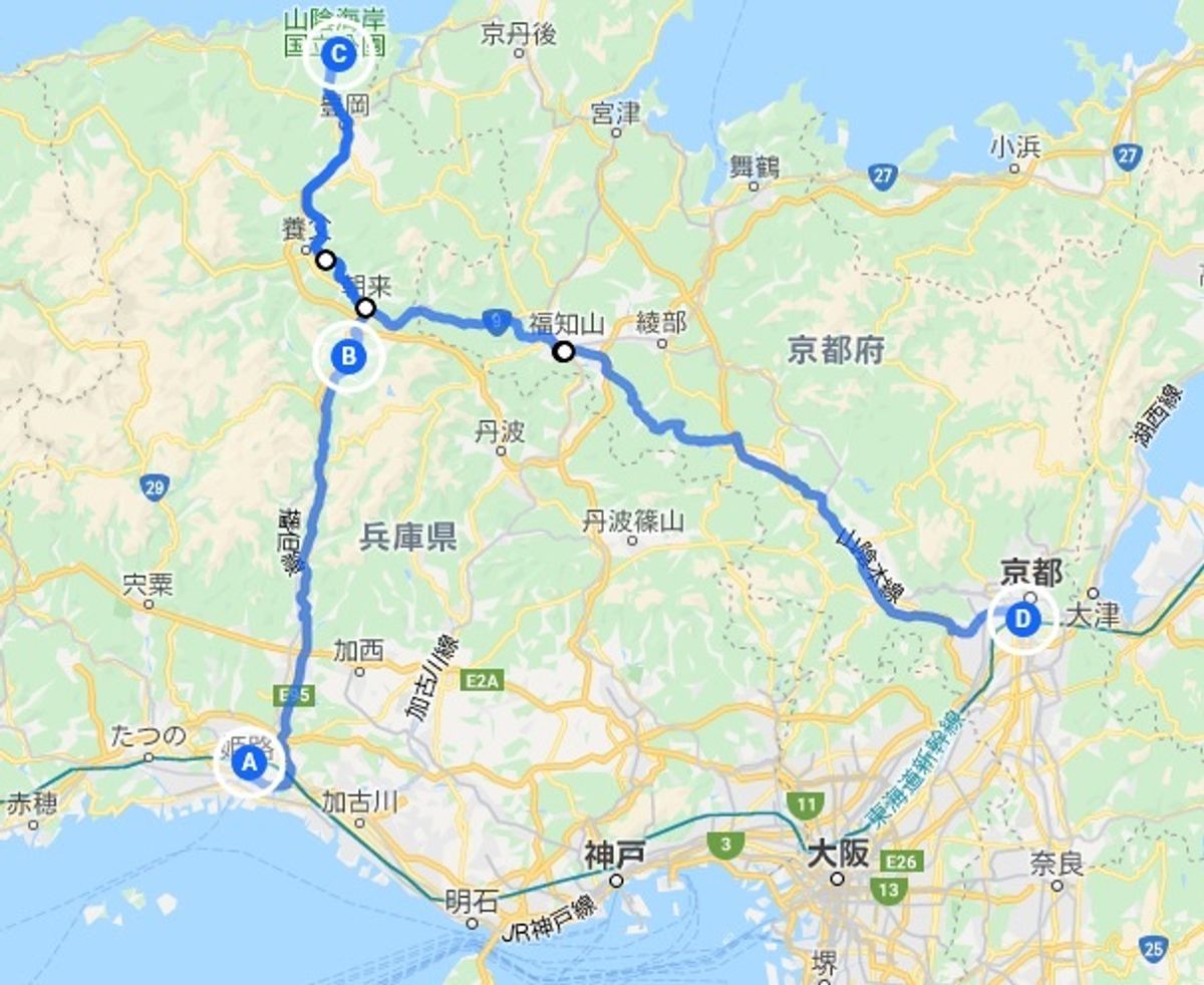 姫路→竹田城跡→城崎温泉→京都と回った。
姫路から城崎温泉まで、本州を縦断...