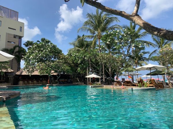 インドネシア・スミニャック、ウブド、ライステラス、ホテルリゾート、エレファントライド「2019 母娘初二人旅  バリ島」の写真：朝食の後はプールですよねー