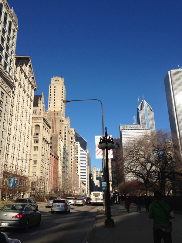 アメリカ(米国)・シカゴ「ブルースを求めてシカゴ」の写真：快晴のミレニアムパーク周辺
銀色のは通...