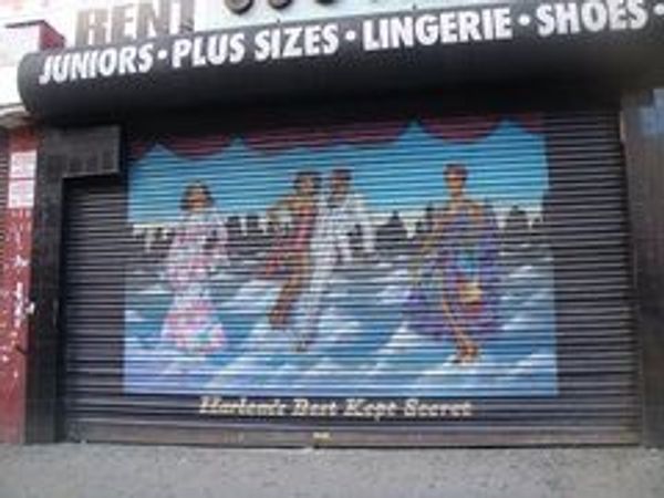 アメリカ(米国)・ニューヨーク「ボイスレッスンinハーレム」の写真：ハーレム125丁目のシャッターに描くフラ...