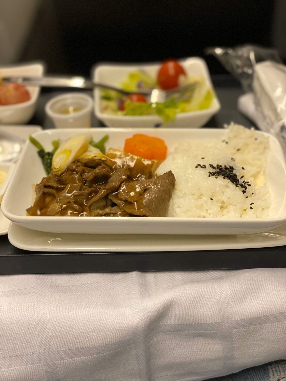 機内食。すき焼き？エジプトエアーなのでお酒はありません。