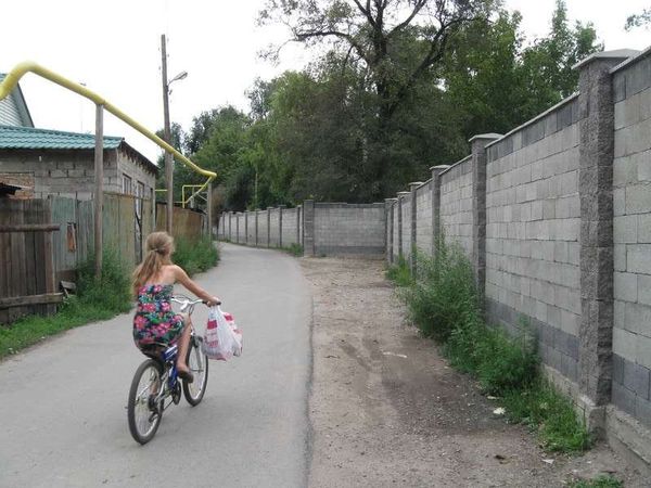 カザフスタン・アルマトイ「2013年 カザフスタン 1998年までの首都アルマトイ散策とタジキスタンビザ取得」の写真：墓地の裏手の道路を近所の子と散策。