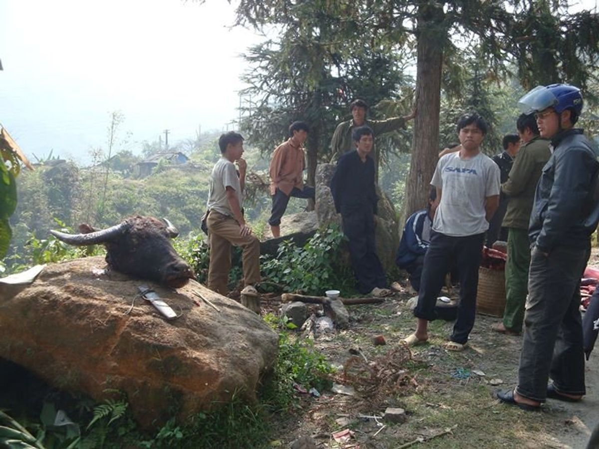 レンタルバイクをしてサパの民族の人達が住んでいる村へ！
道中、肉売ってると...