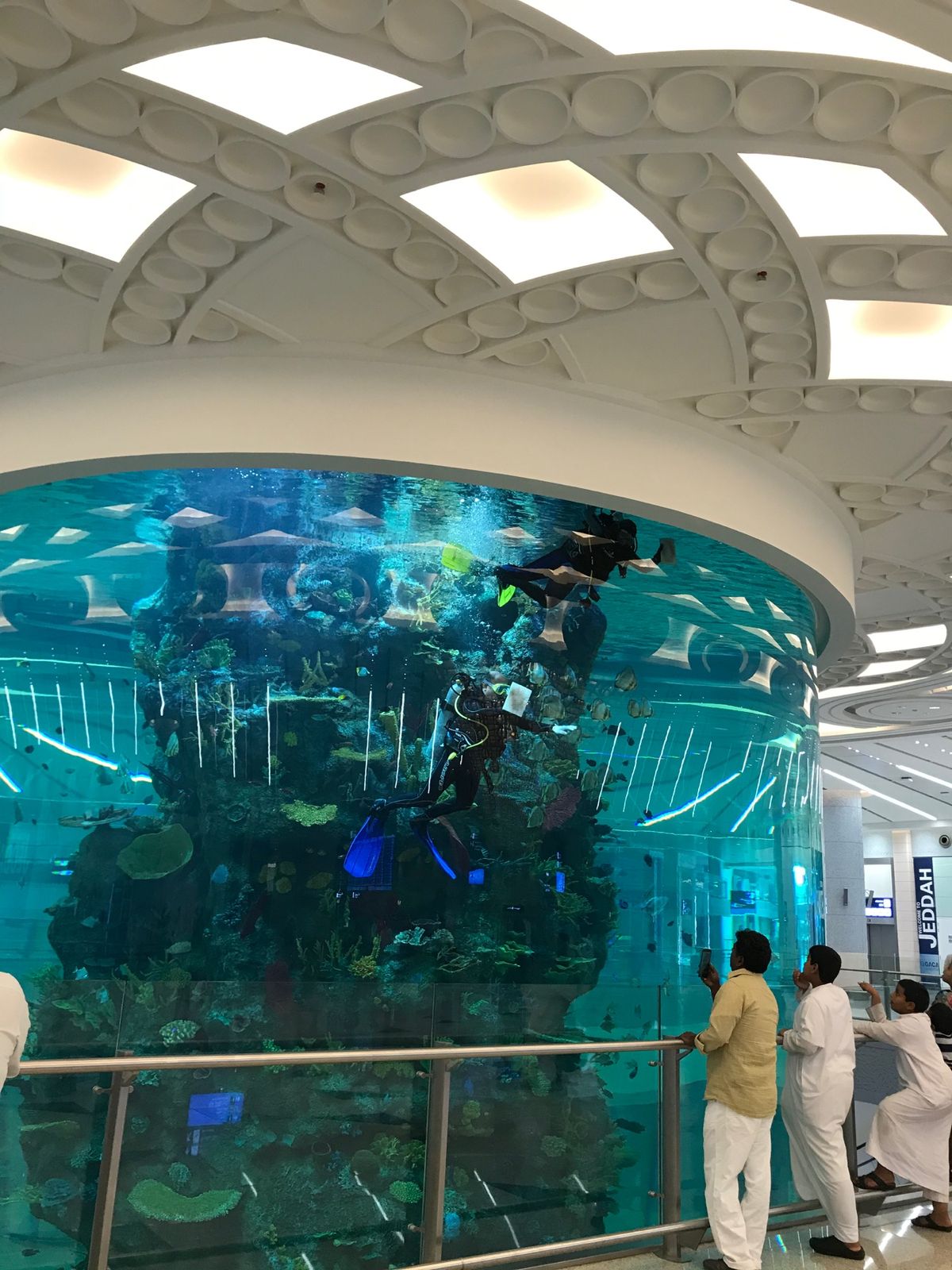 ジェッダ空港。
巨大な水槽がお出迎え🐟
ちょうど水槽のお掃除中でした。